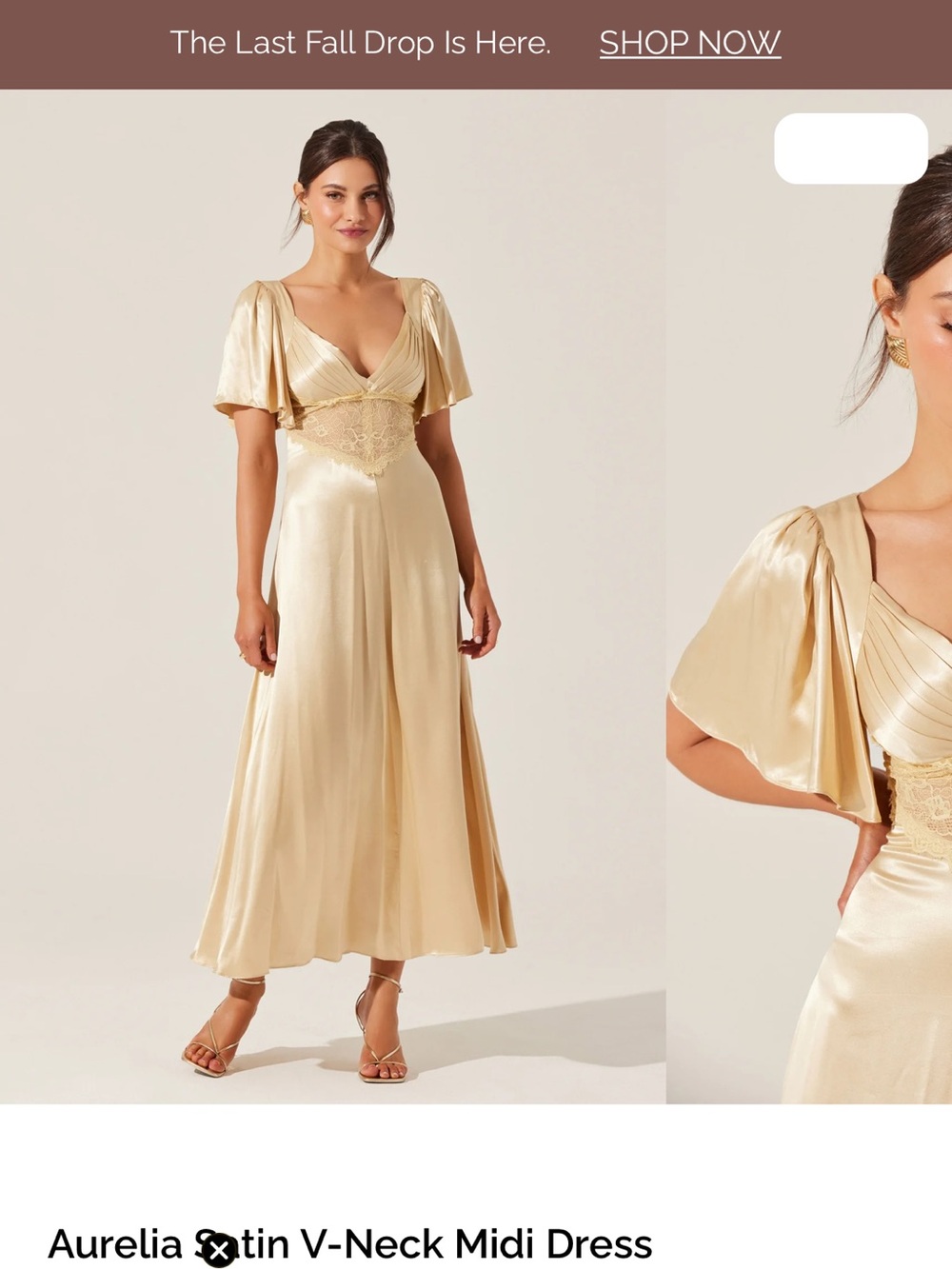 Astr Gold Satin V-Neck Midi Dress with Lace Waist